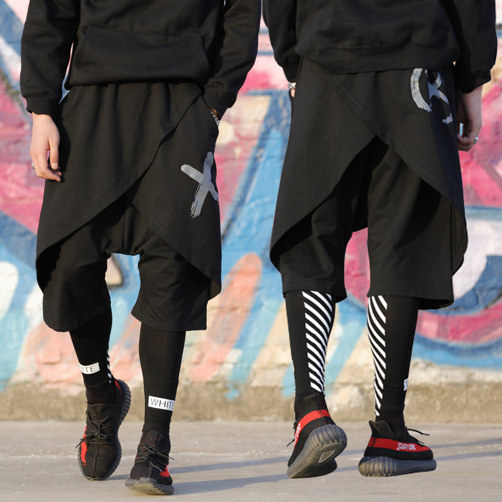 嘻哈短裤hiphop假两件暗黑宽松大码潮牌男装