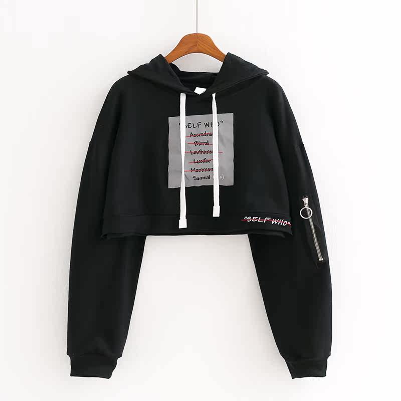 韩版原宿风刺绣涂鸦小字母拉链袖子连帽超短款露脐装小卫衣女优惠券