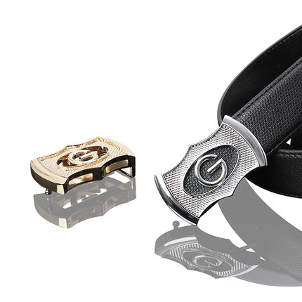 新款g皮带男士真皮平滑扣字母青中年 休闲裤腰带男装韩版黑色简约_7折