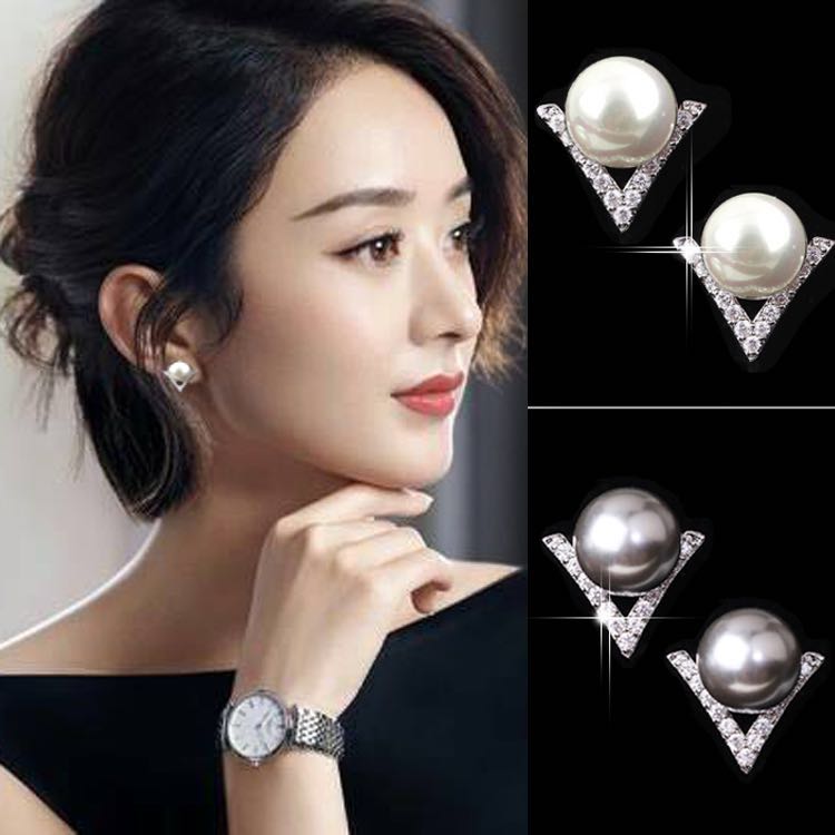 银耳环时尚_赵丽颖明星同款耳钉女气质个性珍珠耳饰925银针时尚女士耳