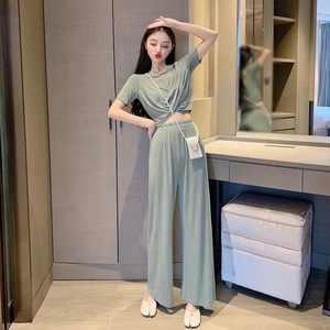 高腰阔腿裤网红套装泫雅风女神气质夏洋气网红牛油果绿两件套裤子
