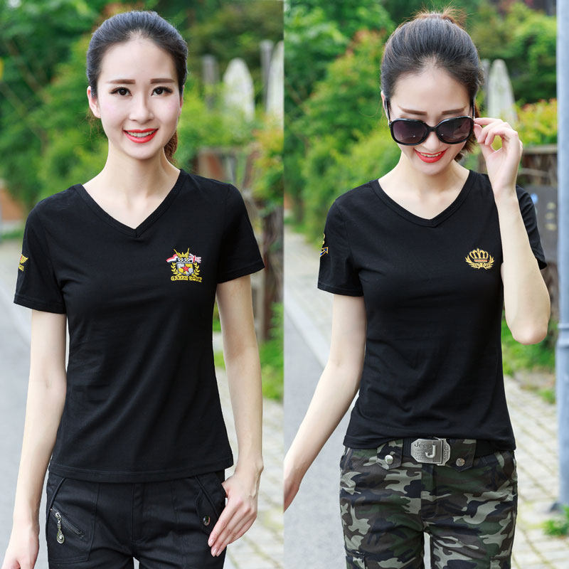 军装迷彩衣纯棉_迷彩服短袖t恤女夏装新款v领水兵舞服军装大码黑色