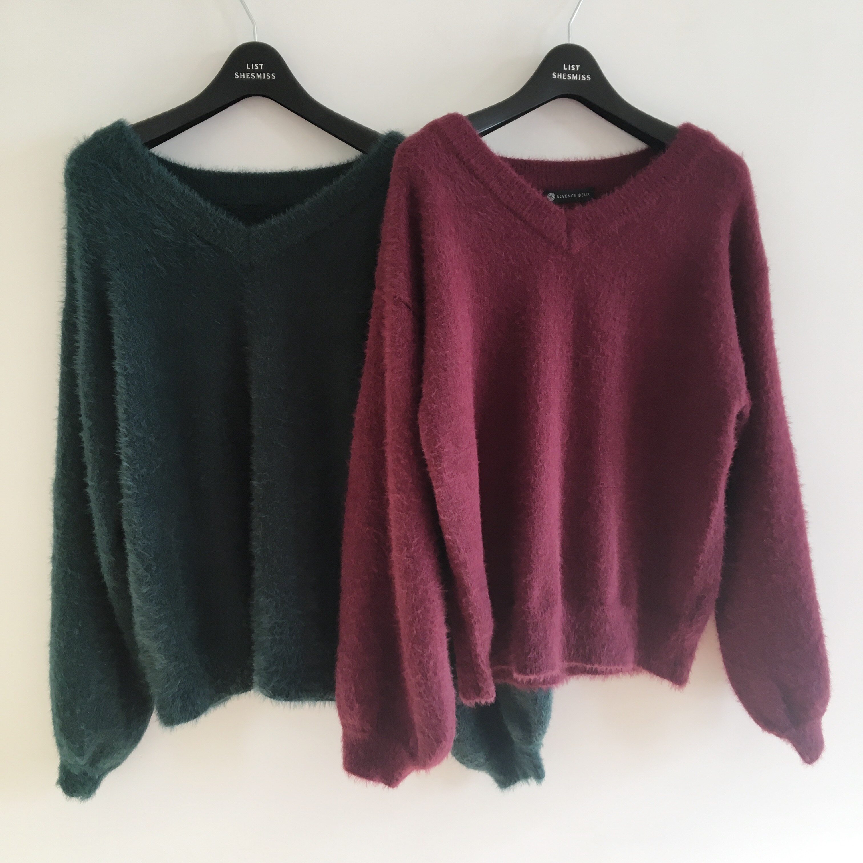 外贸出口 剪标原单 复古拉毛绒绒针织衫大v领上衣 女装酒红墨绿
