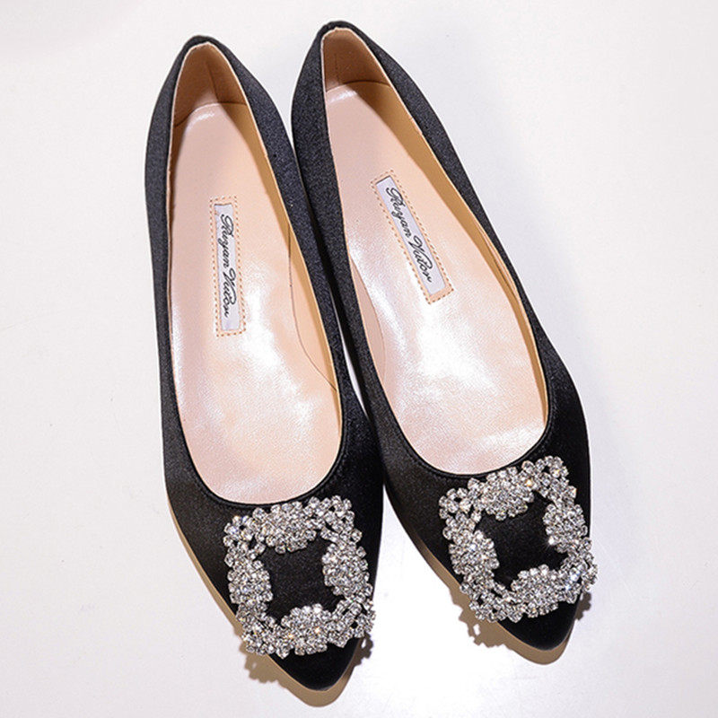 mb平底鞋夏2018新款雪花方扣单鞋真丝尖头绸缎浅口结婚鞋水钻女鞋