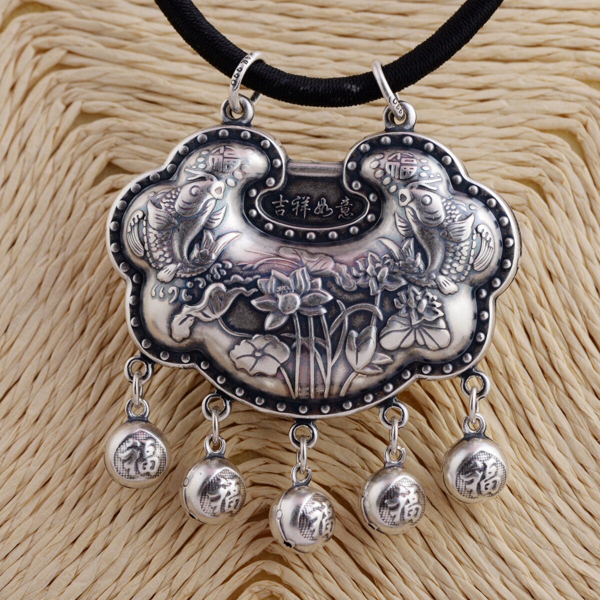 一折吊坠 女 纯银 999_s999纯银项链鱼戏莲花复古长款富贵吉祥锁吊坠