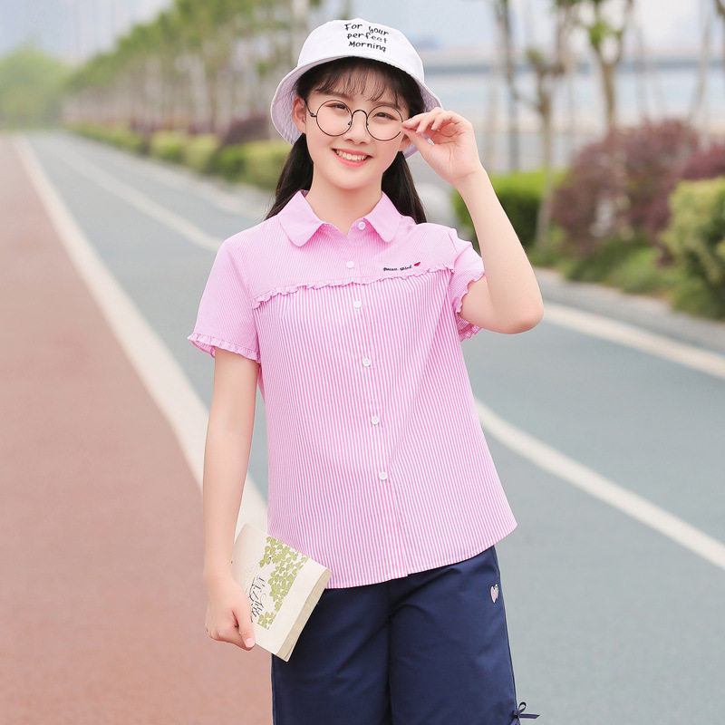 衬衫短袖女生_15初中女生夏装14岁少女孩13甜美学院风16高中学生12