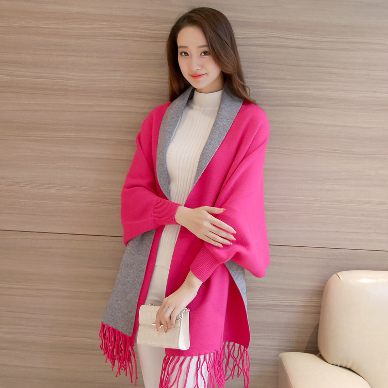 冬季新品秋装新款女装开衫毛衣外套加厚宽松大码披肩毛领斗篷大衣