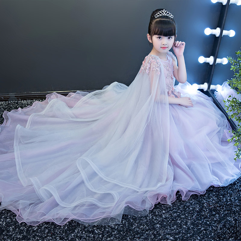 一字肩儿童婚纱蓬蓬纱花童钢琴演出服拖尾女童生日礼服公主裙夏季