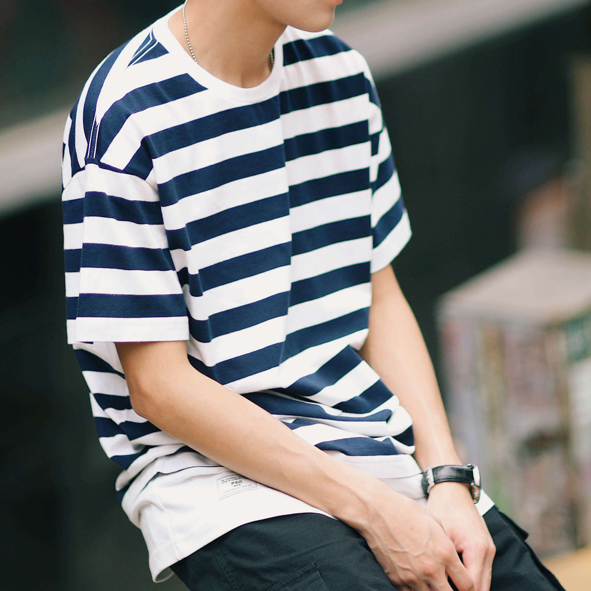 丝叔潮社 pso brand 17夏条纹拼接假两件简约短袖t恤男