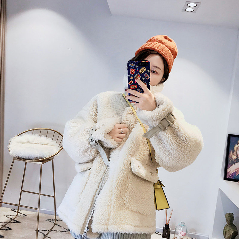 白色羊羔毛外套女 短款 冬季_【monkey lu】冬季2018新款机车服女港味