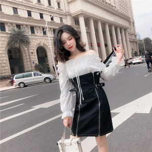 女神范两件套装裙2019新款时尚一字领系带百搭衬衫+开叉背带裙潮