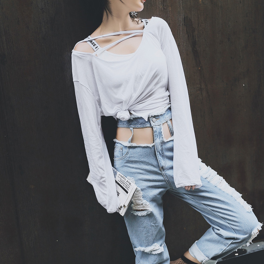 欧美个性腰部镂空高腰破洞牛仔裤