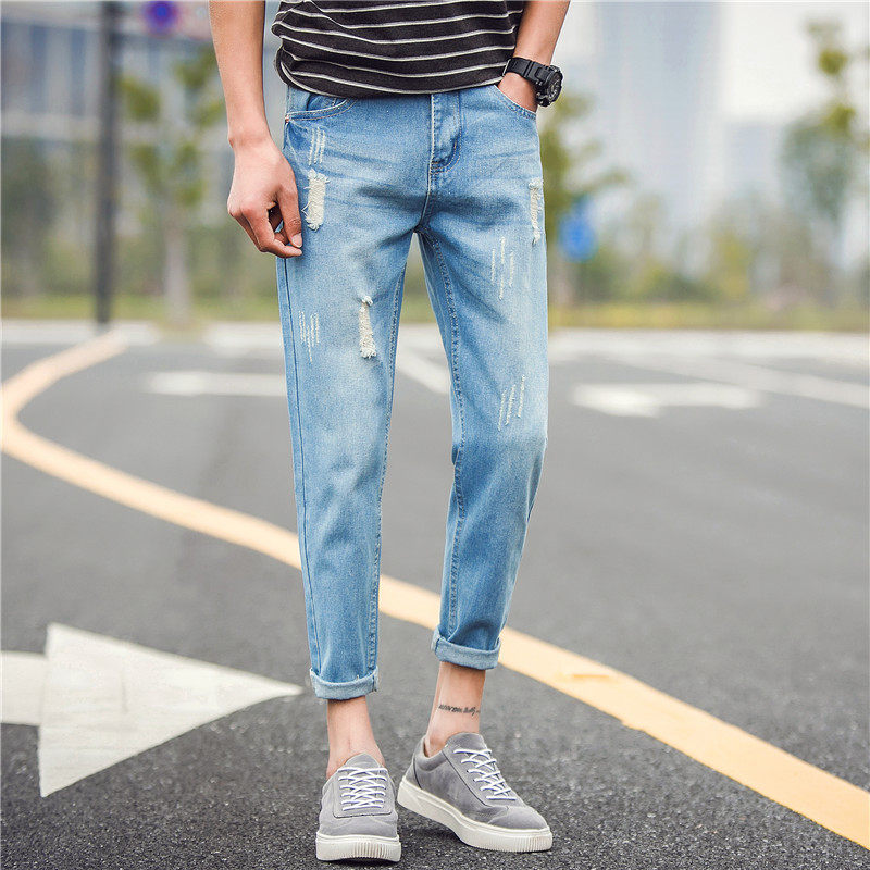 春夏浅色九分牛仔裤男士韩版潮流宽松破洞哈伦裤青年休闲直筒9分