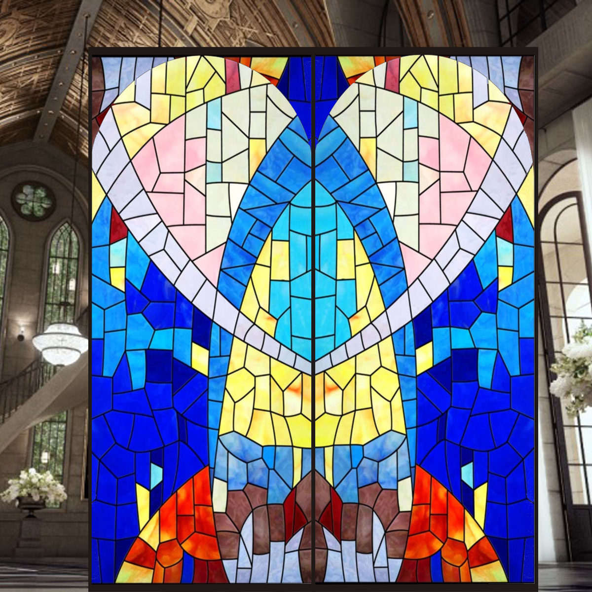 一折窗户贴纸 复古_欧式彩色复古教堂彩绘艺术静电磨砂玻璃贴膜衣橱