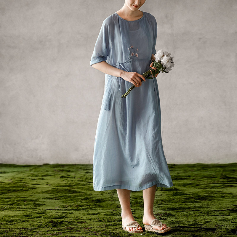 牧衣原创设计女装纯长绒棉刺绣绣花中式袍子