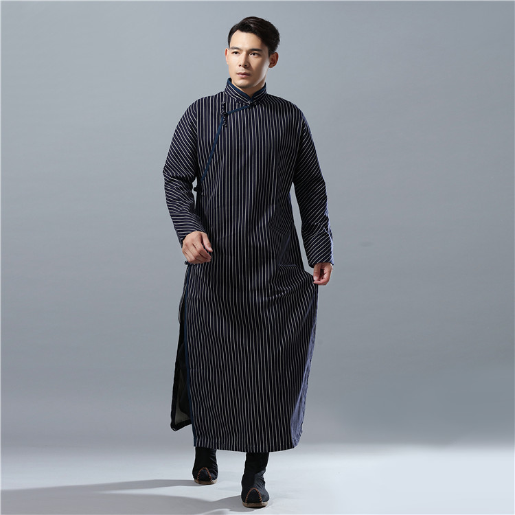 秋冬中国风男装中式改良老九门同款 棉麻条纹长袖长衫民国装长袍