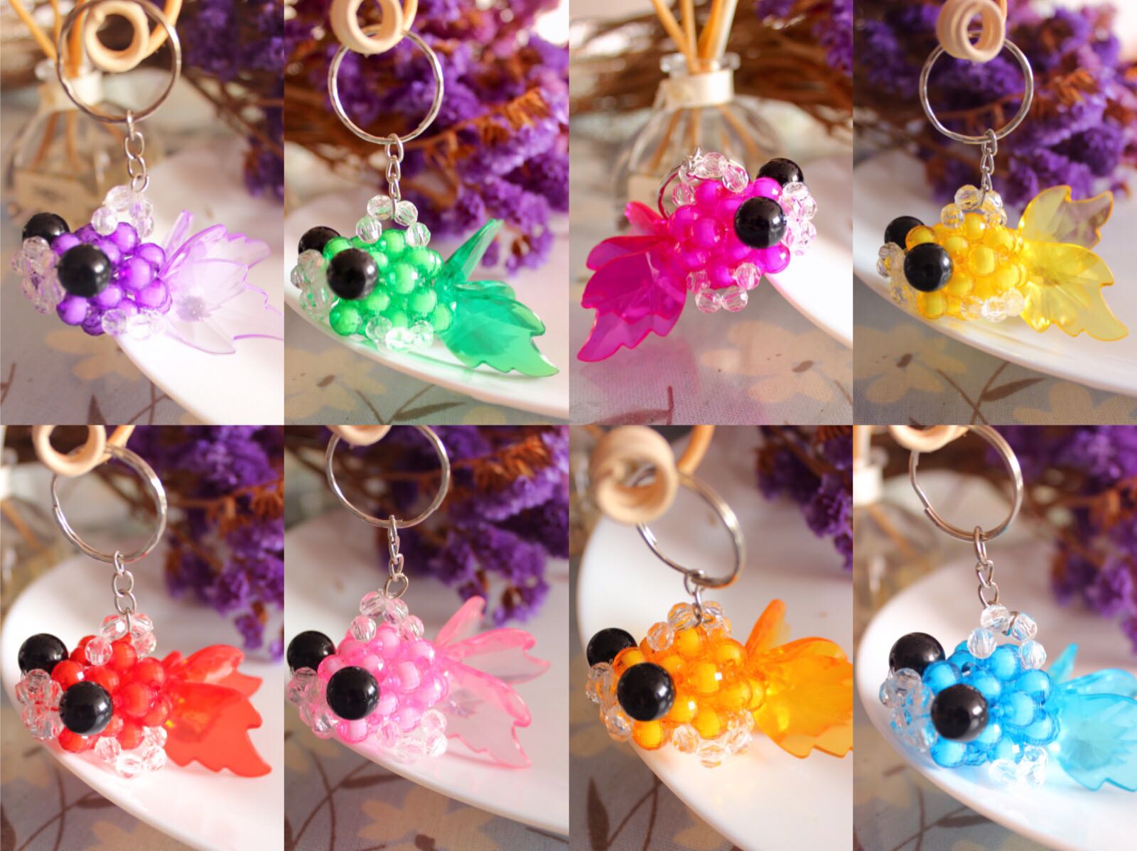 手工钥匙扣diy材料包_diy手工串珠大眼鱼钥匙扣8mm小金鱼材料包手工