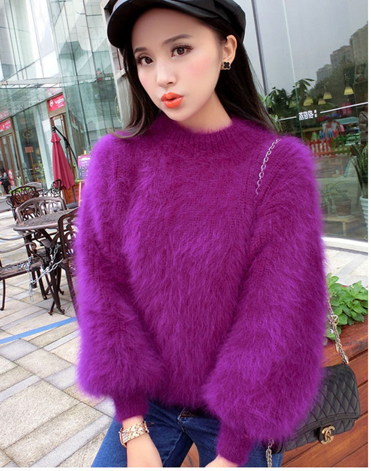 秋冬长毛水貂绒毛衣女套头宽松灯笼袖貂绒毛衣加厚短款高领打底衫