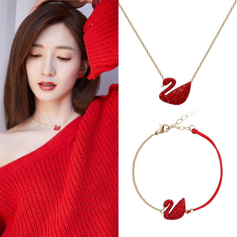 特价红天鹅项链_江疏影同款红天鹅项链气质新年大红色水晶锁骨链抖音