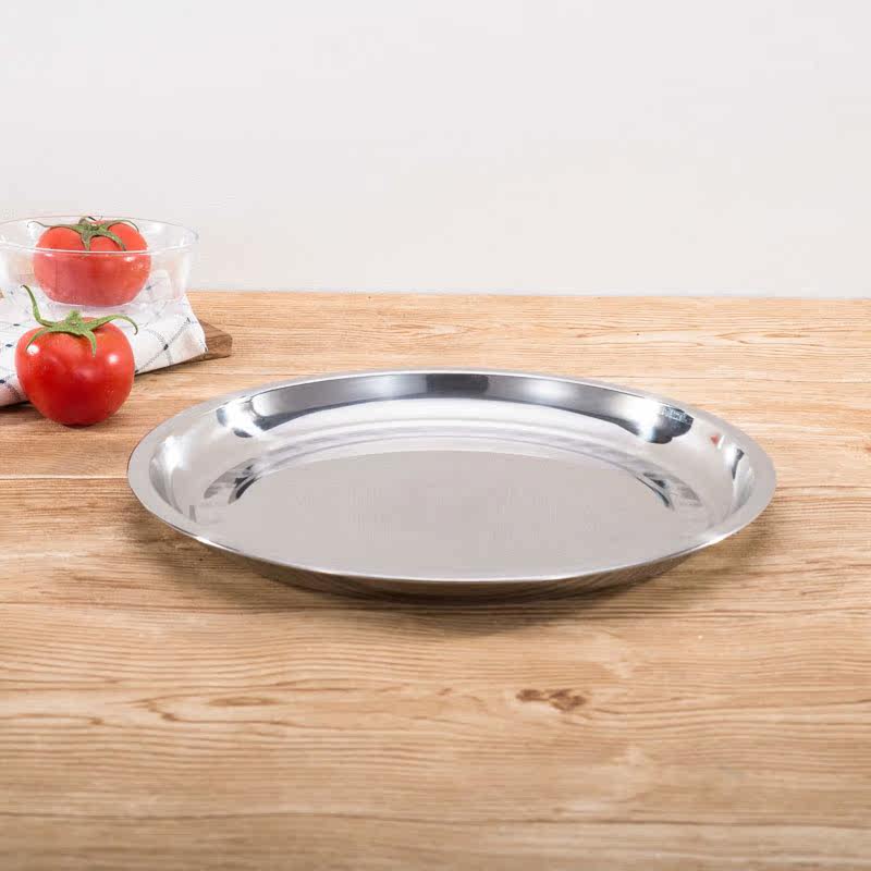 加厚不锈钢盘子圆形大圆盘浅盘托盘平盘西餐盘烧烤盘碟子平底菜盘