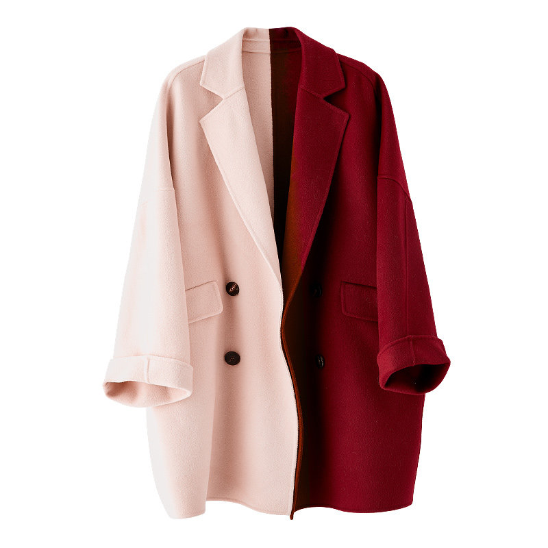 双色撞色廓形羊毛大衣女中长款双排扣2017韩版手工双面呢毛呢外套