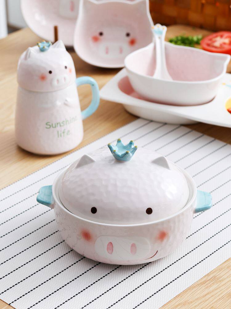 单人餐具_少女心陶瓷猪泡面碗带盖新年猪猪碗可爱家用好看的碗筷餐具