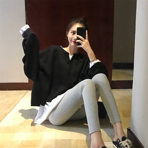 港味卫衣2019新款欧货洋气女神春季假两件套上衣+打底套装裤子女