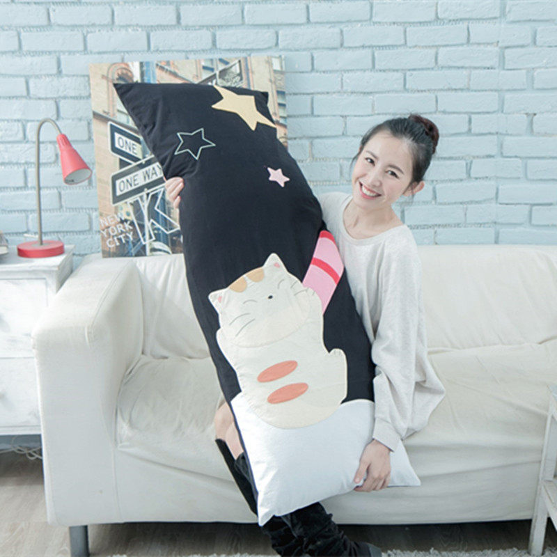 日本插画 可爱摘星猫咪纯棉卡通女士双人枕头套长款抱枕套 不含芯