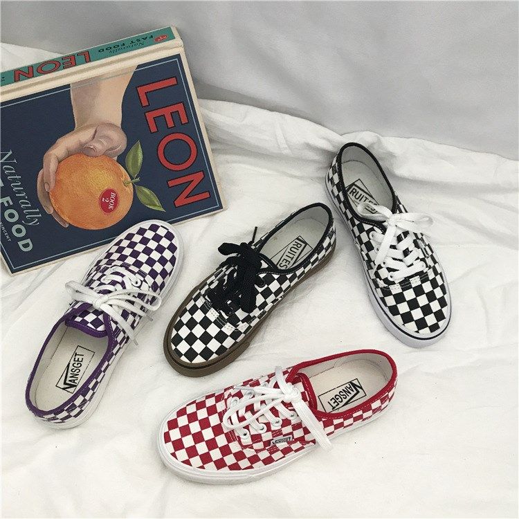 ins紫色情侣帆布鞋男女鞋港风街拍学生布鞋韩版ulzzang格子鞋潮