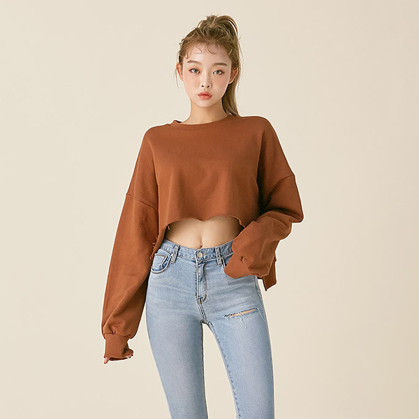 韩国代购正品性感女生高腰露肚脐t恤宽松休闲长袖超短款卫衣上衣