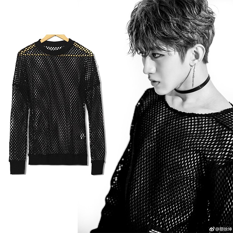 一折渔网衣服男_偶像练习生蔡徐坤同款衣服男女黑色镂空t恤长袖渔网
