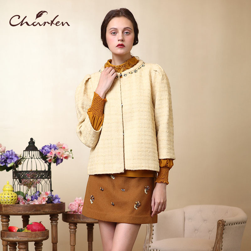 charfen朝峰专柜正品2018春季新品优雅白色短外套cf61c116-226a