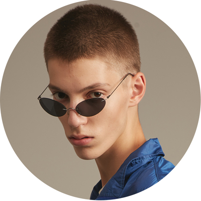 mixseven80年代复古黑色椭圆形上翘形状墨镜细腿无边框眼镜男