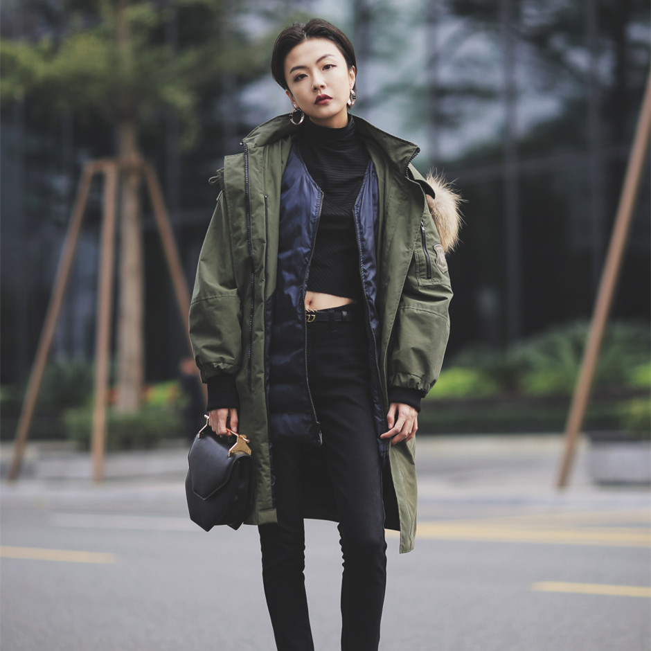 2017冬明星高俊熙同款军工装羽绒服女中长款大毛领派克大衣可脱卸