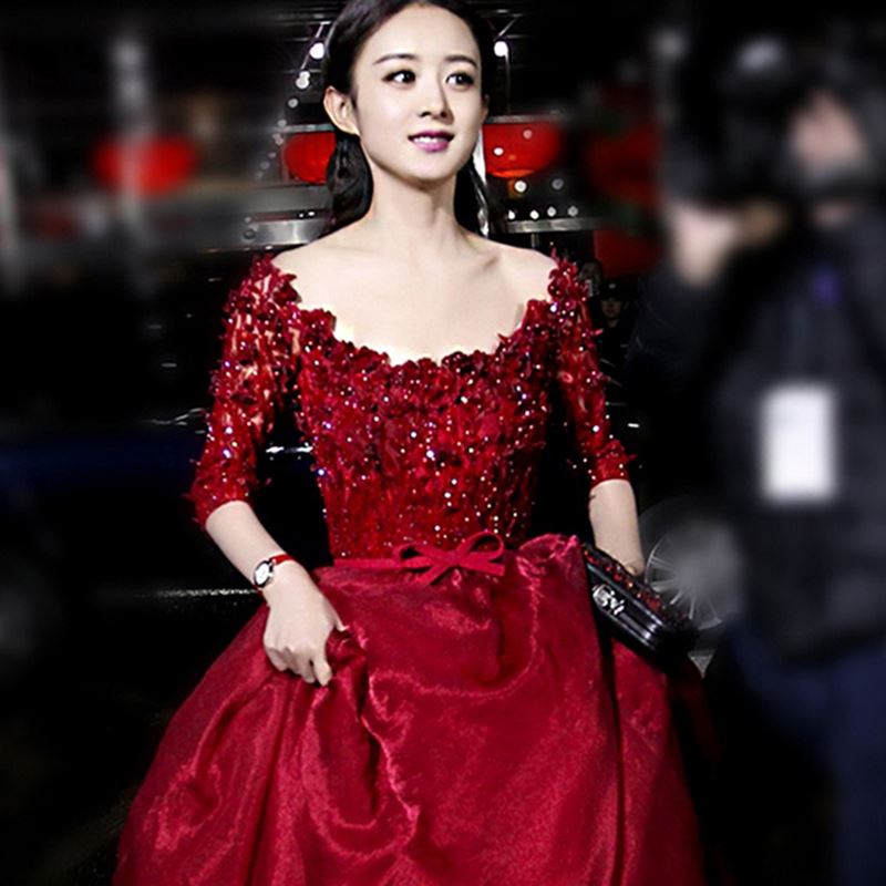 赵丽颖同款礼服_新娘敬酒服秋冬季中长袖赵丽颖明星同款结婚婚纱礼服
