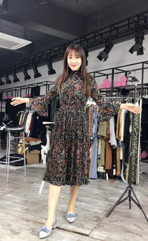 studio 2018新款衣服雪纺连衣裙创意印花v领款 815