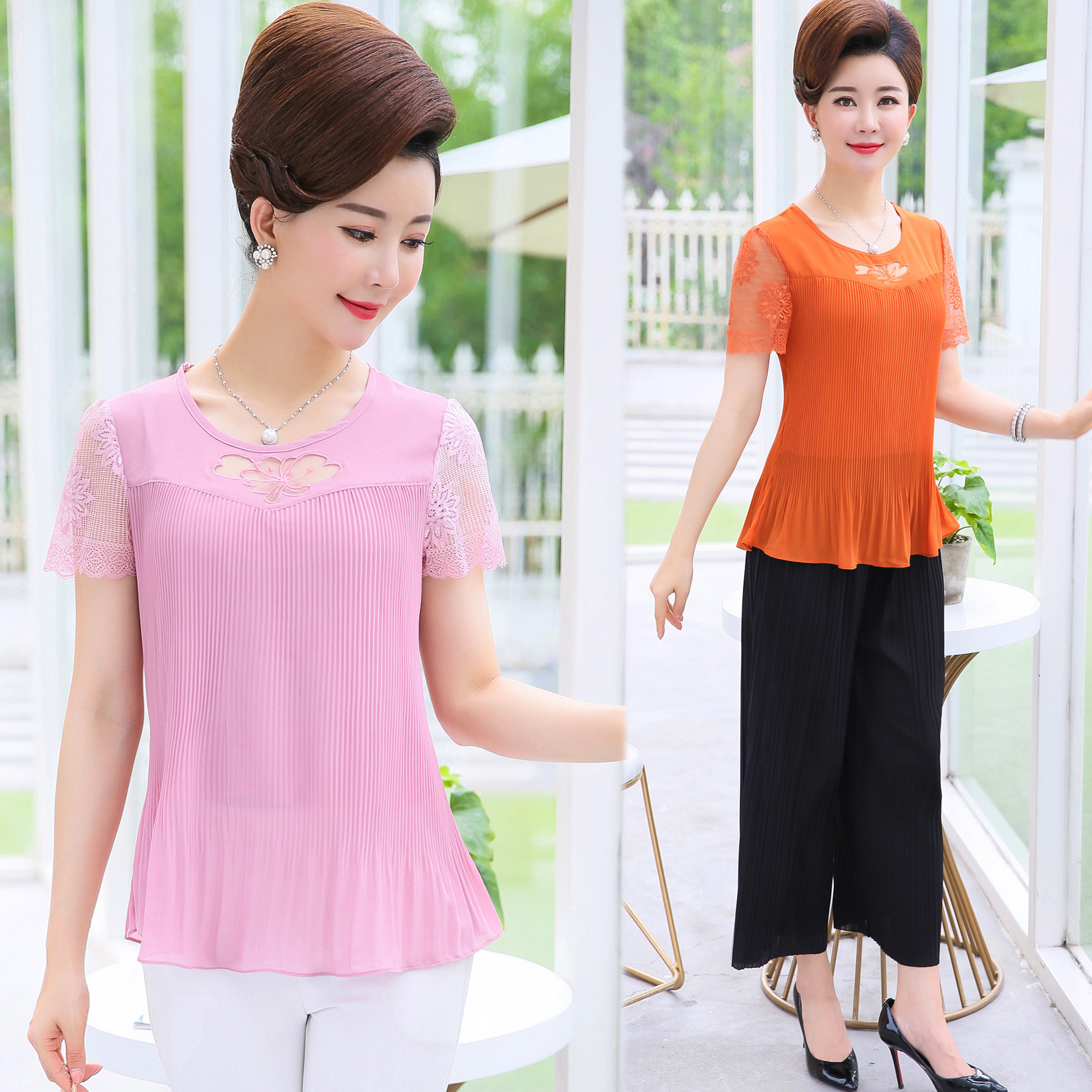 短袖t恤女修身款雪纺_2018夏季新款雪纺衫妈妈装短袖蕾丝上衣中年40