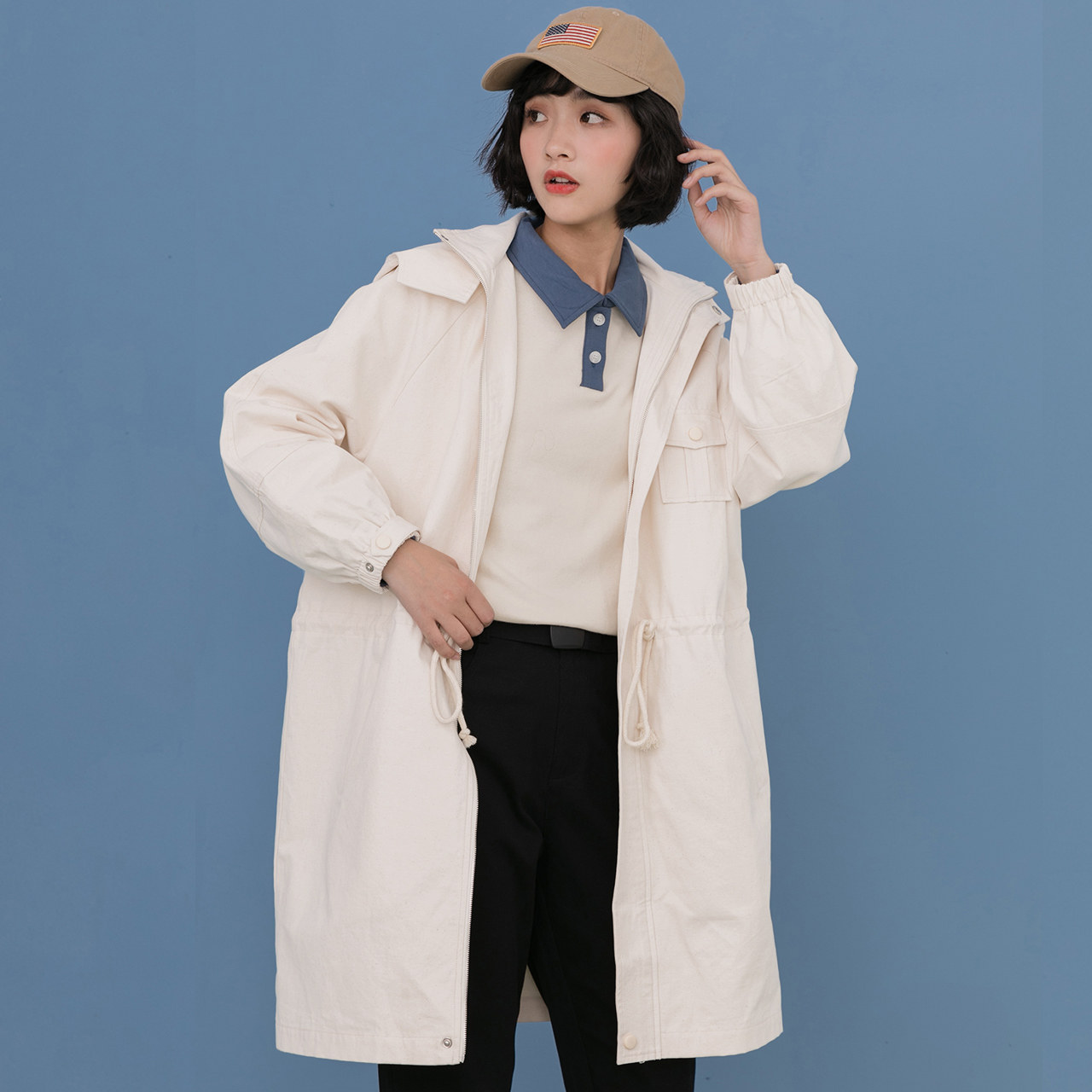 韩国连帽休闲外套_工装风衣外套女韩国宽松ulzzang中长款春秋休闲薄款