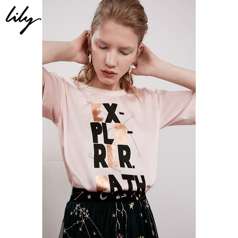 查看淘宝lily2018秋新款女装简约字母印花宽松短袖圆领t恤118240c8520