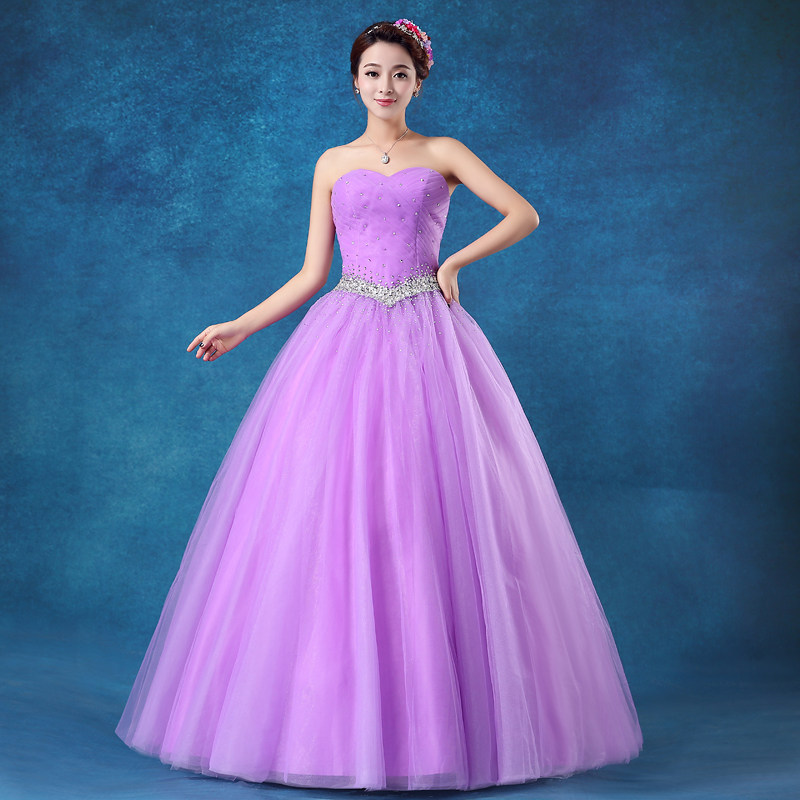 婚纱礼服 蓬蓬裙 抹胸_彩纱紫色新款新娘婚纱长款晚礼服影楼艺考修身