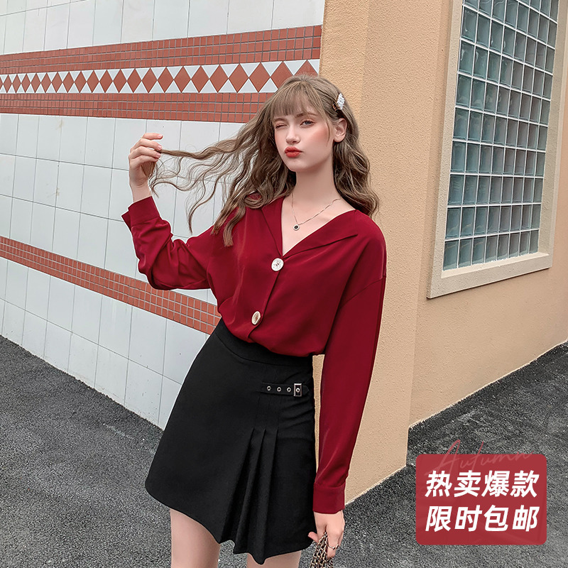 MG小象复古v领气质衬衫女设计感小众时尚长袖衬衣复古港味上衣潮