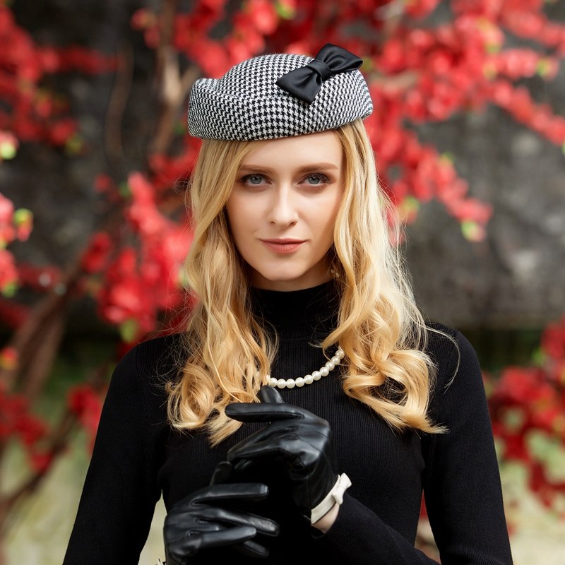帽子女 礼帽_ee 秋冬新款时尚逛街帽子女优雅千鸟格英伦复古小礼帽