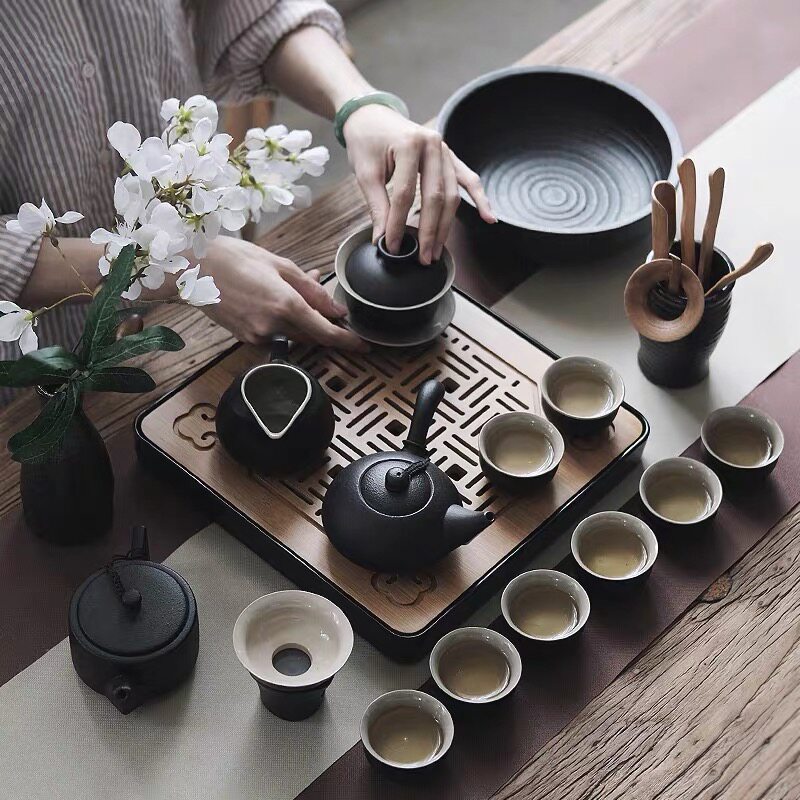 整套功夫茶具套装日式禅意家用简约黑陶陶瓷喝茶泡茶茶壶茶杯盖碗