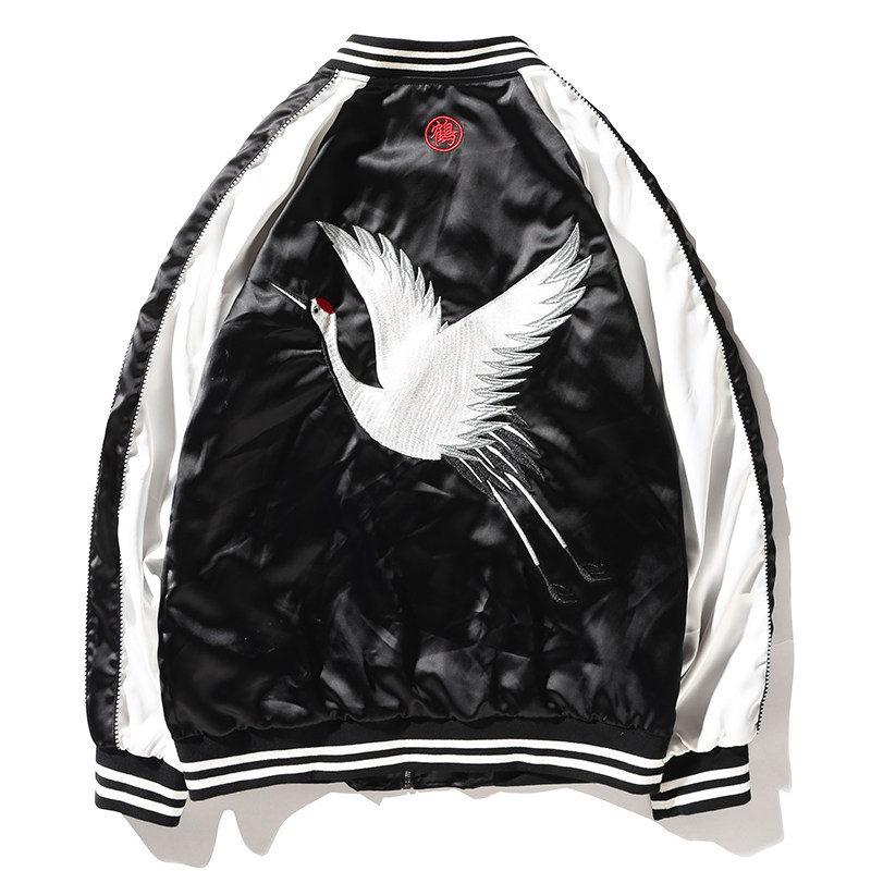 中国风ulzzang横须贺刺绣仙鹤夹克潮男春季大码棒球服空军外套