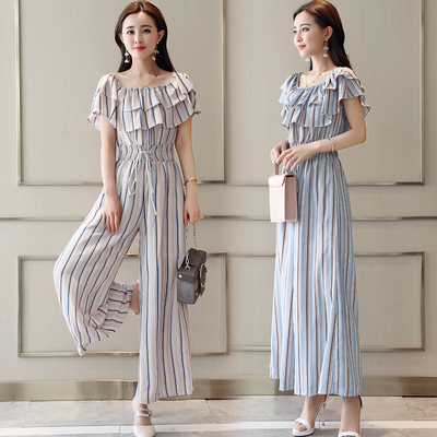 小码一字领露肩长裤夏季时尚套装女荷叶边条纹连体裤雪纺连衣裤裙