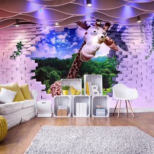 ms3d立体壁画卡通童趣墙纸儿童房背景装饰壁纸墙布幼儿园动物壁画