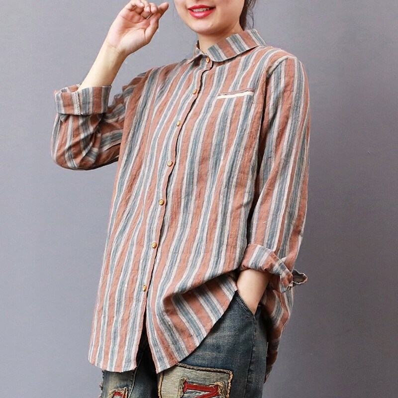 素品 春装新款娃娃领长袖衬衫文艺范条纹棉麻衬衣百搭麻上衣女装