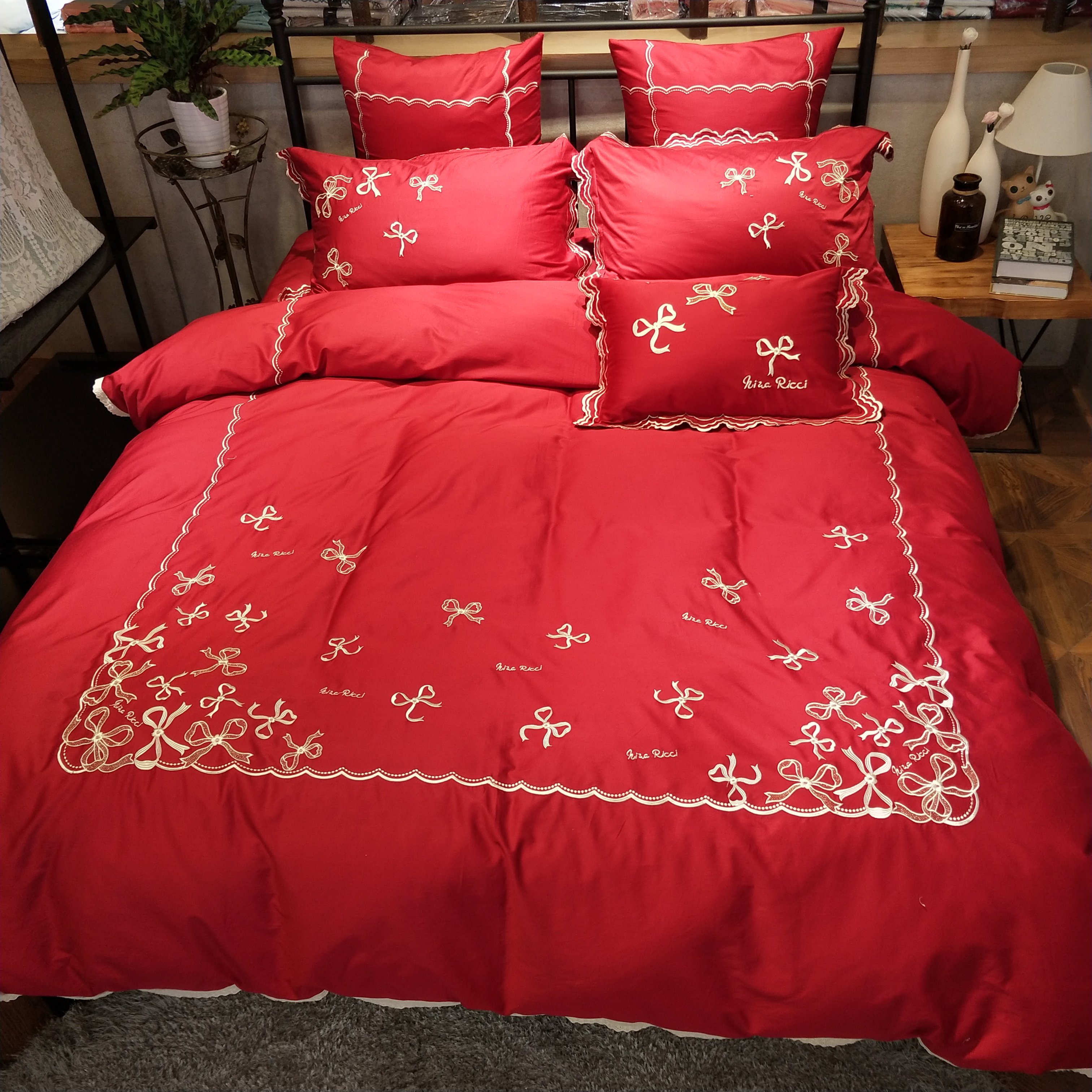 特价法式四件套_法式浪漫婚庆结婚红色2m床上用品60支贡缎全棉四件套