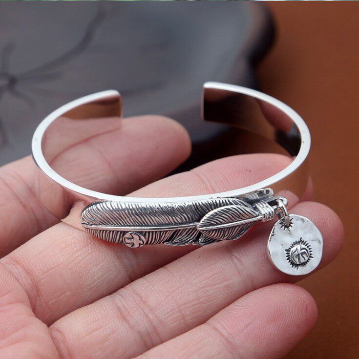 特价纯银手镯男霸气_s925纯银复古潮流个性日韩简约羽毛霸气潮人男士