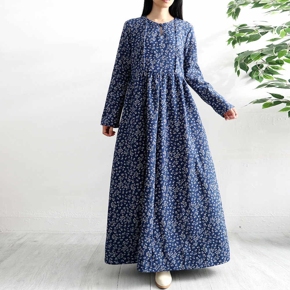长袖长裙长款 宽松_秋冬装新款花色加绒长袖棉麻连衣裙女长款高腰显瘦